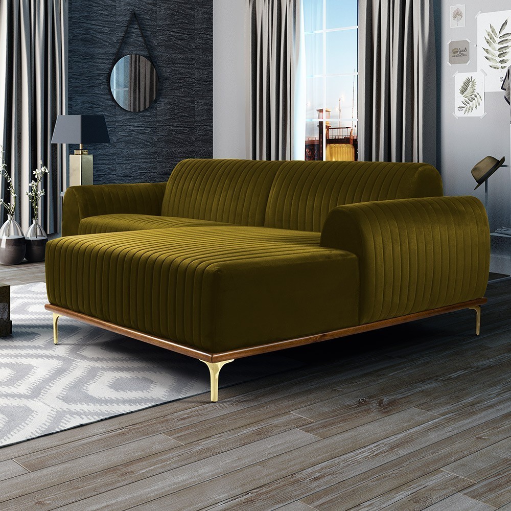 Sofá 5 Lugares com Chaise Direito Para Sala Molino 300 cm D02 Veludo Mostarda B-260 - Lyam Decor