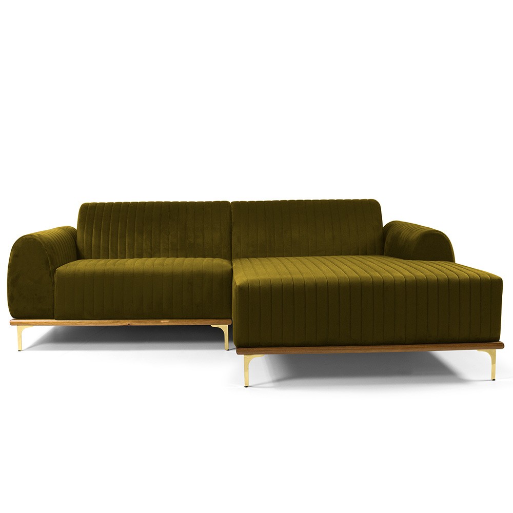 Sofá 5 Lugares com Chaise Direito Para Sala Molino 300 cm D02 Veludo Mostarda B-260 - Lyam Decor