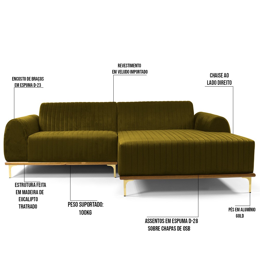 Sofá 5 Lugares com Chaise Direito Para Sala Molino 300 cm D02 Veludo Mostarda B-260 - Lyam Decor