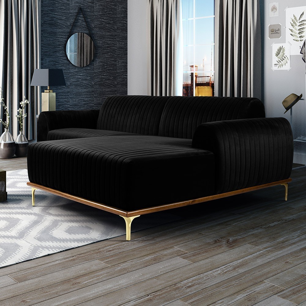 Sofá 5 Lugares com Chaise Direito Para Sala Molino 300 cm D02 Veludo Preto C-300 - Lyam Decor