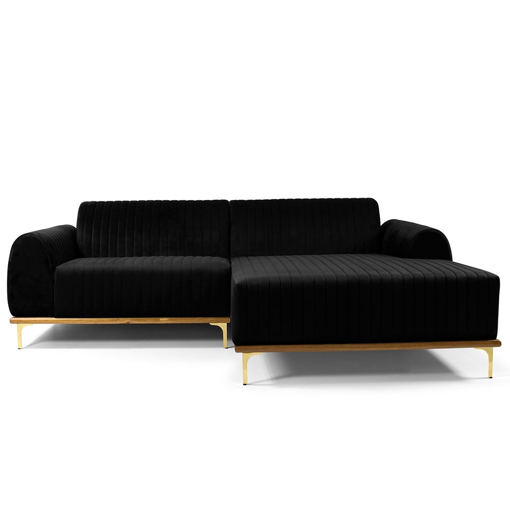 Sofá 5 Lugares com Chaise Direito Para Sala Molino 300 cm D02 Veludo Preto C-300 - Lyam Decor