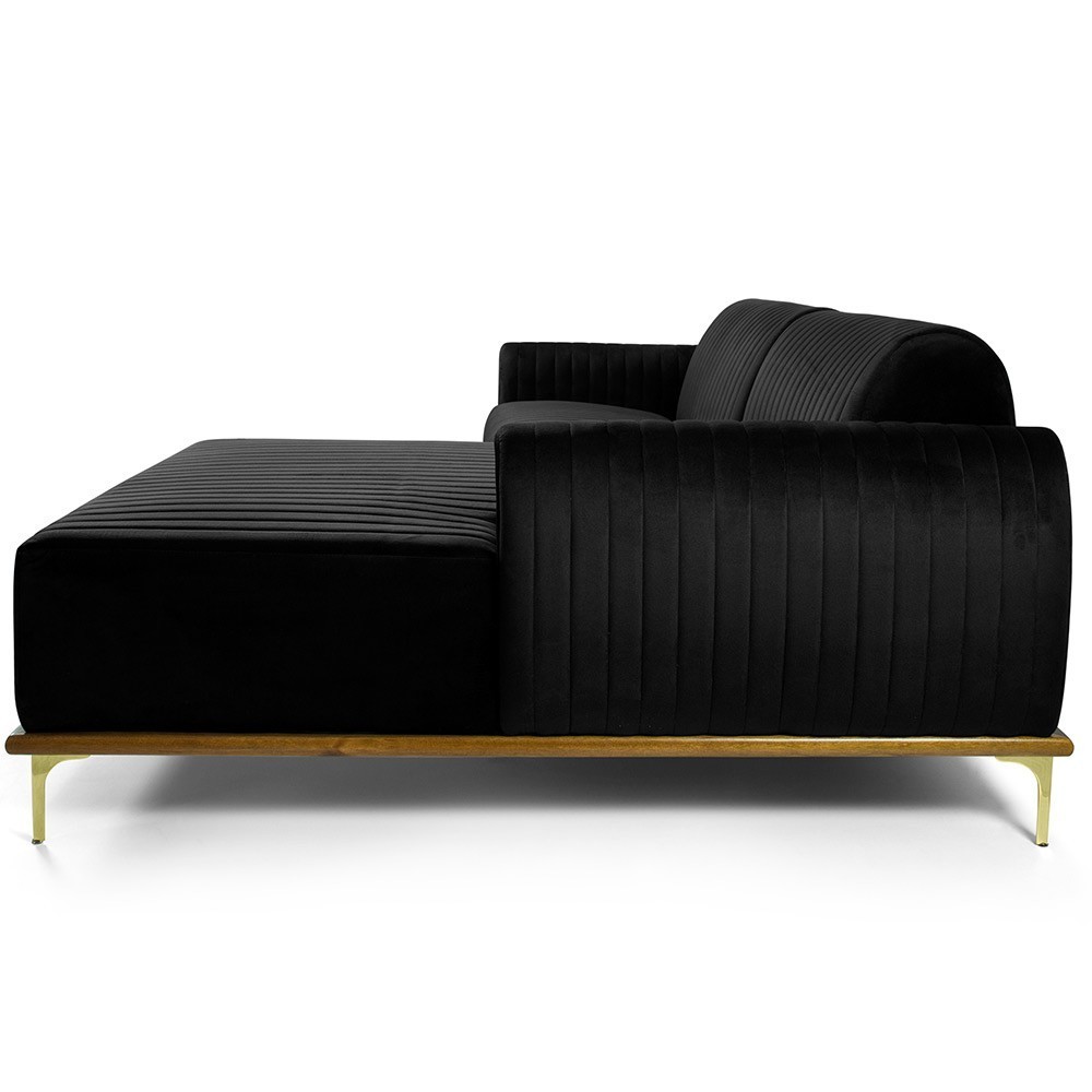 Sofá 5 Lugares com Chaise Direito Para Sala Molino 300 cm D02 Veludo Preto C-300 - Lyam Decor
