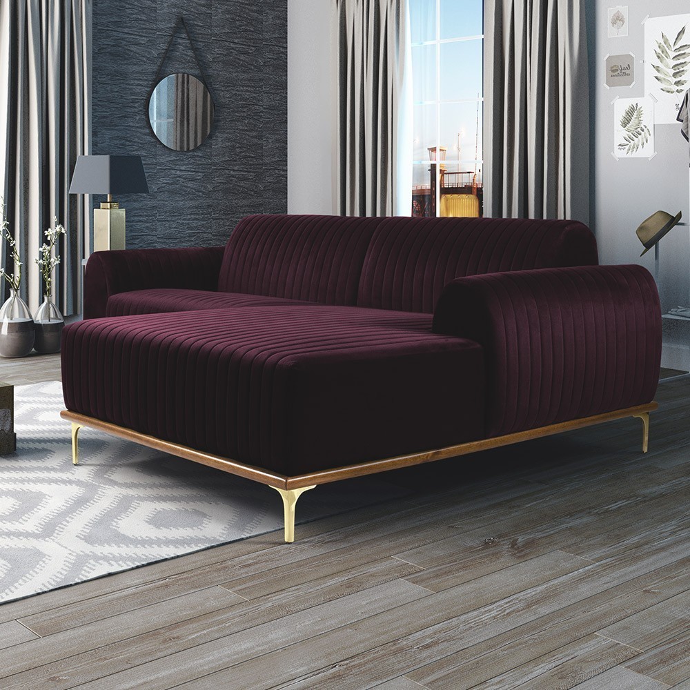 Sofá 5 Lugares com Chaise Direito Para Sala Molino 300 cm D02 Veludo Roxo Grape C-292 - Lyam Decor