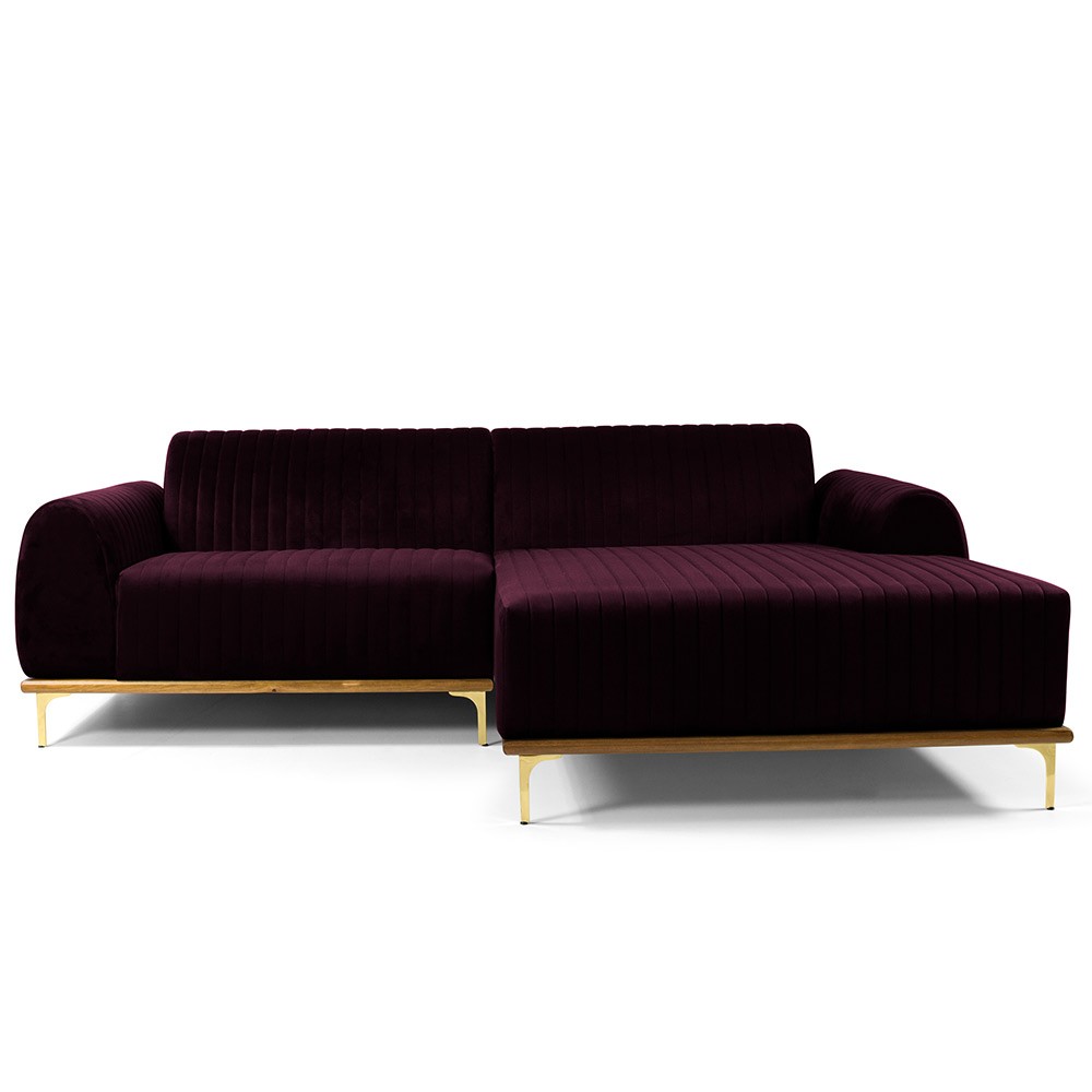 Sofá 5 Lugares com Chaise Direito Para Sala Molino 300 cm D02 Veludo Roxo Grape C-292 - Lyam Decor