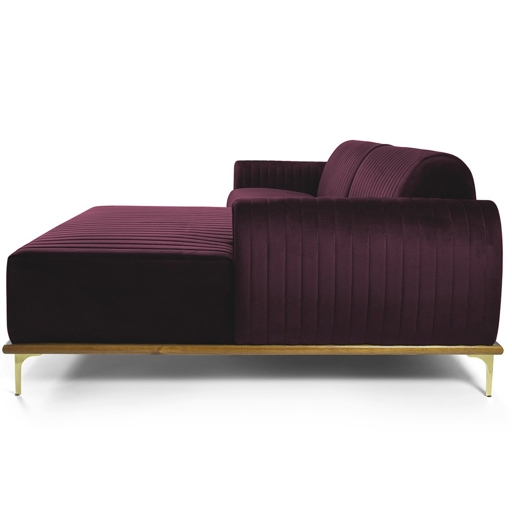 Sofá 5 Lugares com Chaise Direito Para Sala Molino 300 cm D02 Veludo Roxo Grape C-292 - Lyam Decor