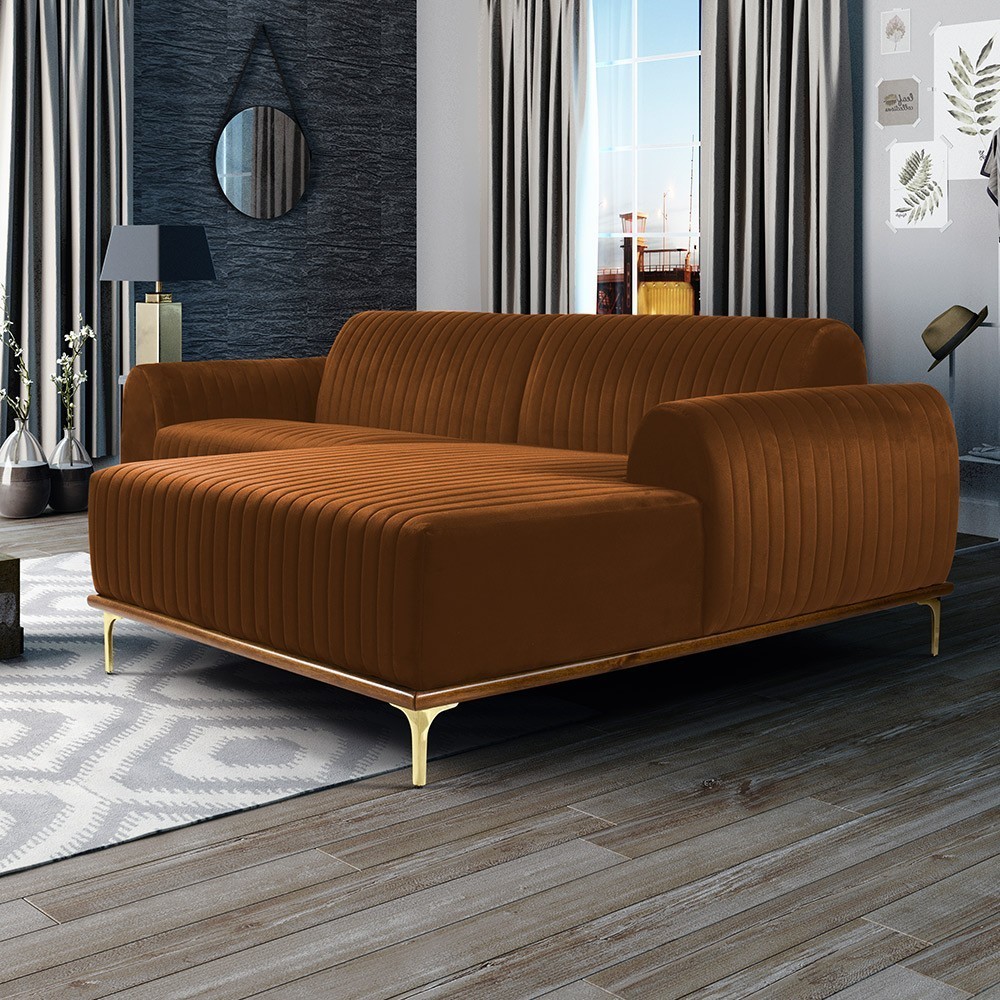 Sofá 5 Lugares com Chaise Direito Para Sala Molino 300 cm D02 Veludo Telha B-262 - Lyam Decor