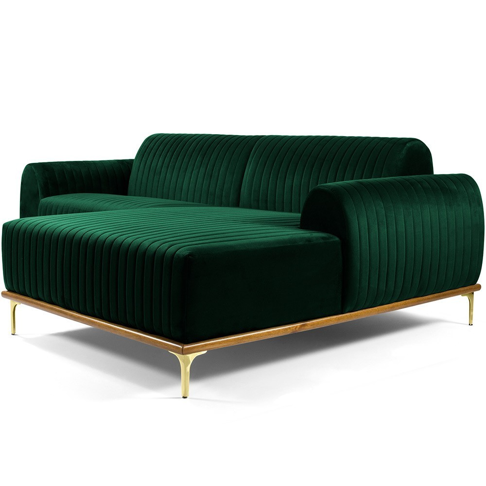 Sofá 5 Lugares com Chaise Direito Para Sala Molino 320 cm D02 Veludo Verde Musgo C-303 - Lyam Decor