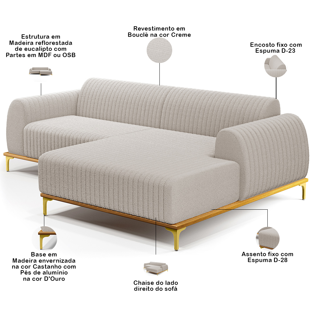 Sofá 5 Lugares com Chaise Direito Para Sala de Estar Molino 300cm D02 Base Castanho Pés D'ouro Bouclê Creme C-54 - Lyam Decor