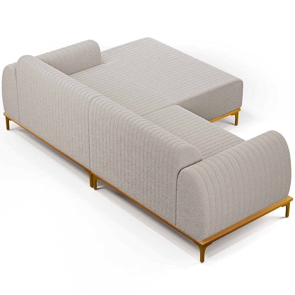 Sofá 5 Lugares com Chaise Direito Para Sala de Estar Molino 300cm D02 Base Castanho Pés D'ouro Bouclê Creme C-54 - Lyam Decor