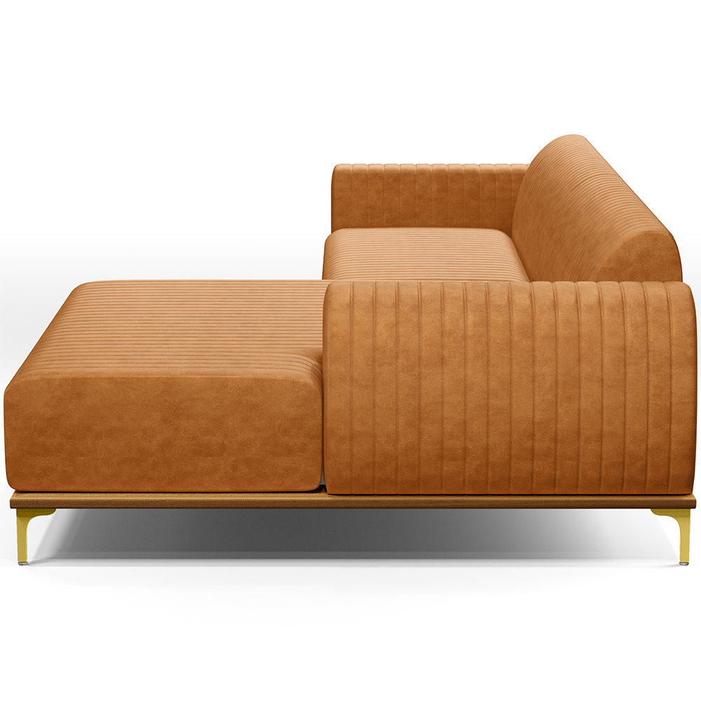 Sofá 5 Lugares com Chaise Direito Para Sala de Estar Molino 300cm D02 Base Castanho Pés D'ouro Couríssimo Whisky B-90 - Lyam Decor