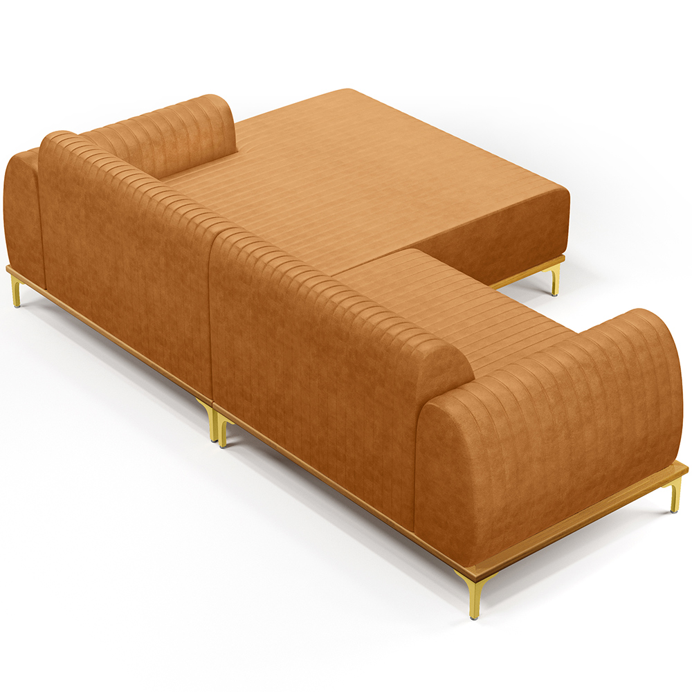 Sofá 5 Lugares com Chaise Direito Para Sala de Estar Molino 300cm D02 Base Castanho Pés D'ouro Couríssimo Whisky B-90 - Lyam Decor