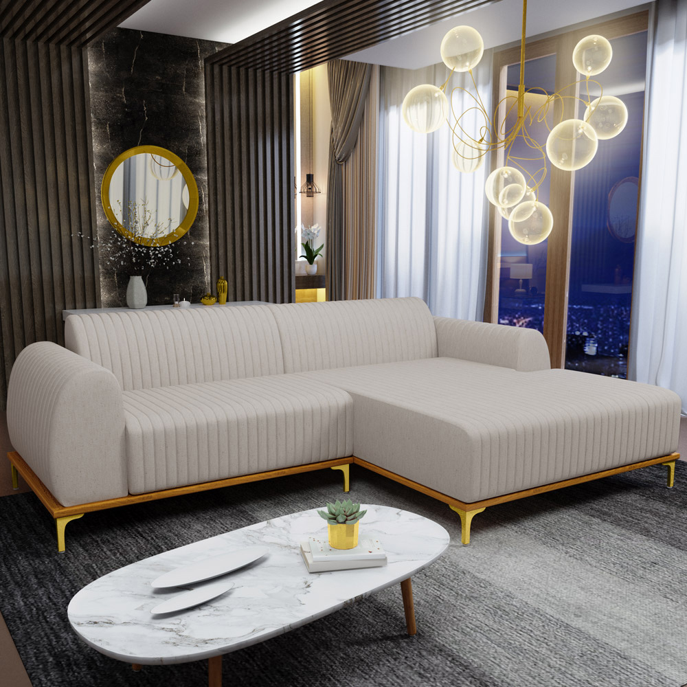 Sofá 5 Lugares com Chaise Direito Para Sala de Estar Molino 300cm D02 Linho Bege C-107 - Lyam Decor