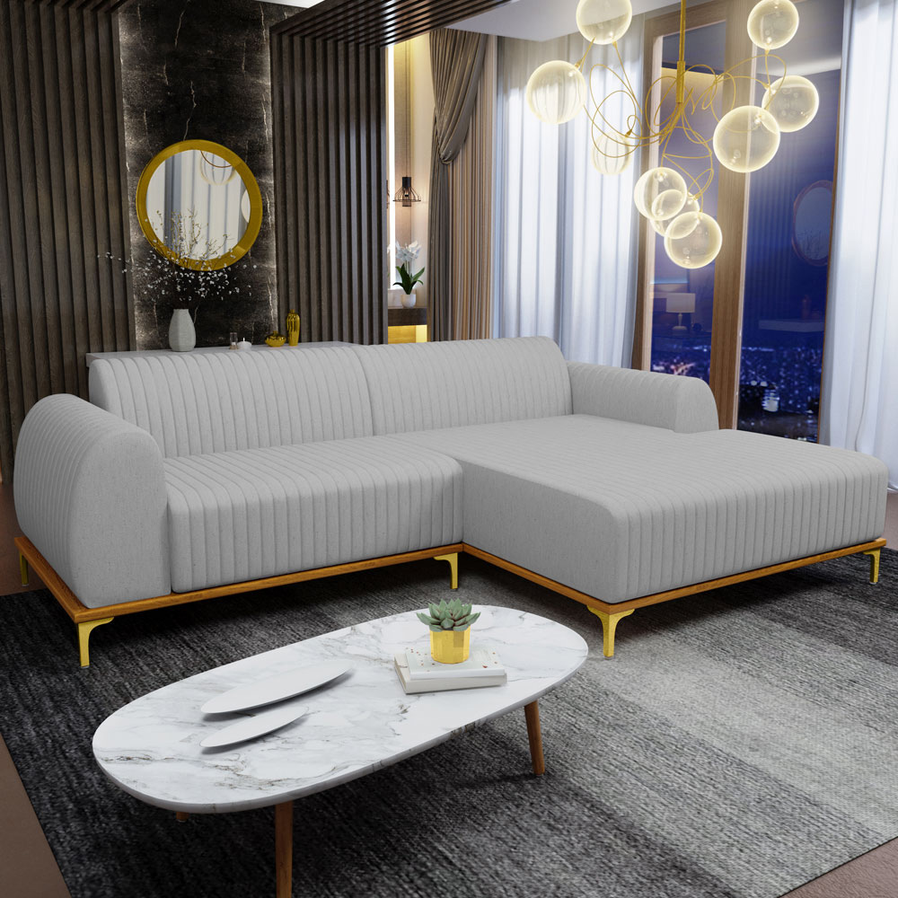 Sofá 5 Lugares com Chaise Direito Para Sala de Estar Molino 300cm D02 Linho Cinza D-315 - Lyam Decor