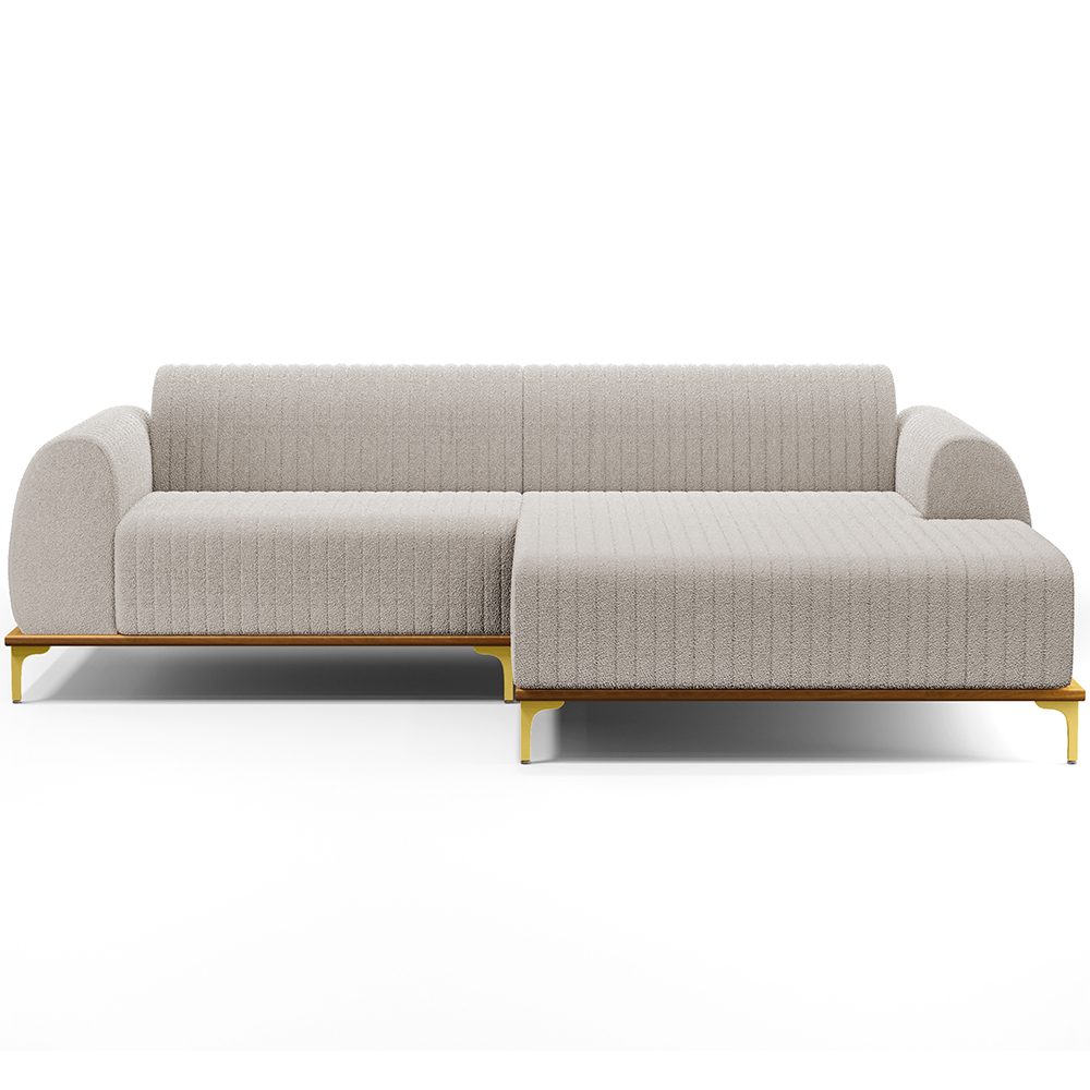 Sofá 5 Lugares com Chaise Direito Para Sala de Estar Molino 320cm D02 Base Castanho Pés D'ouro Bouclê Creme C-54 - Lyam Decor