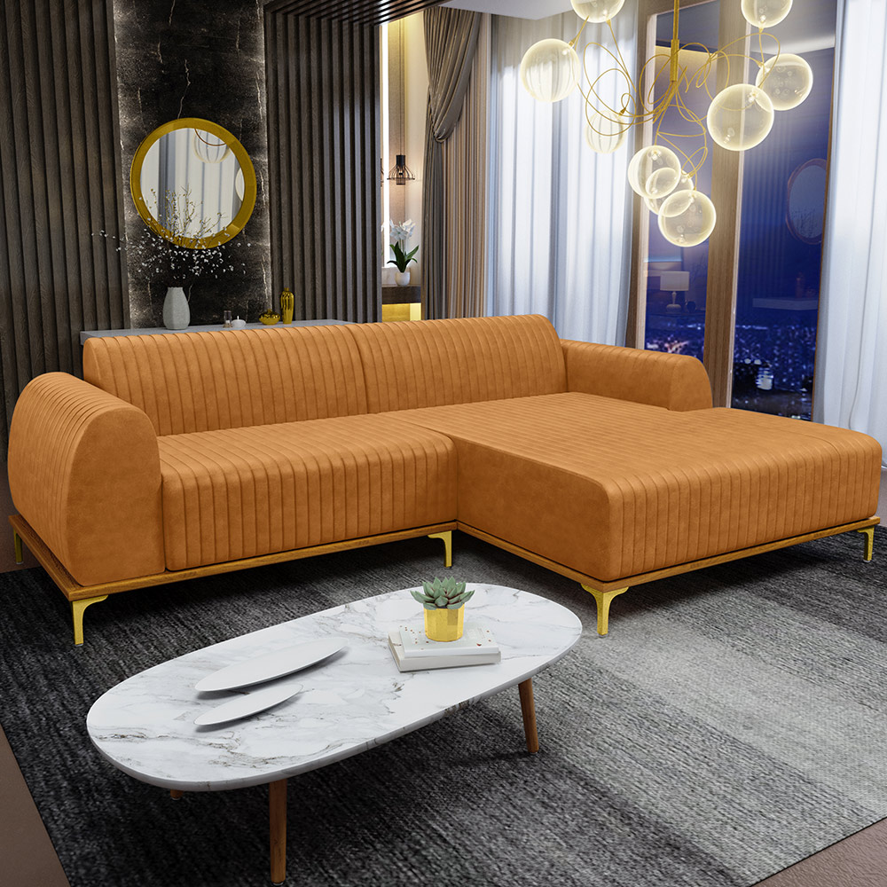 Sofá 5 Lugares com Chaise Direito Para Sala de Estar Molino 320cm D02 Base Castanho Pés D'ouro Couríssimo Whisky B-90 - Lyam Decor