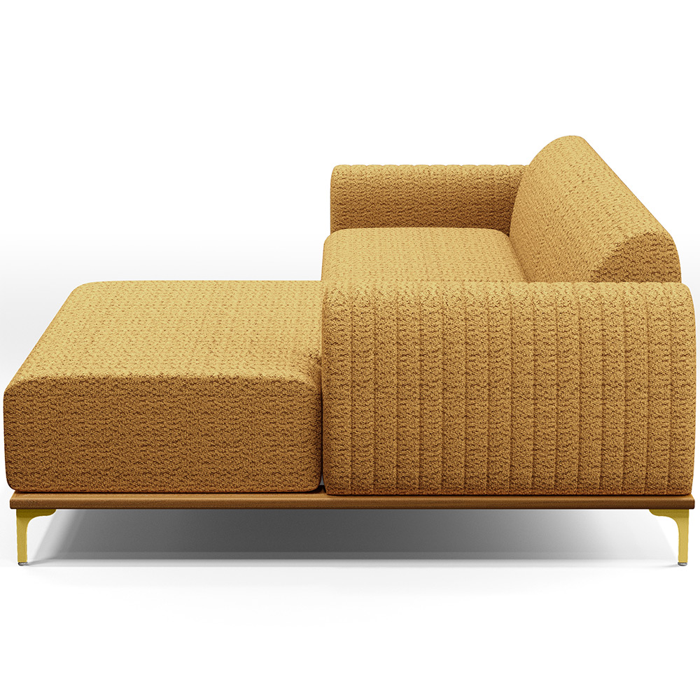 Sofá 5 Lugares com Chaise Direito Para Sala de Estar Molino 320cm D02 Base Castanho Pés D'ouro Prime Bouclê Mostarda PB-03 - Lyam Decor