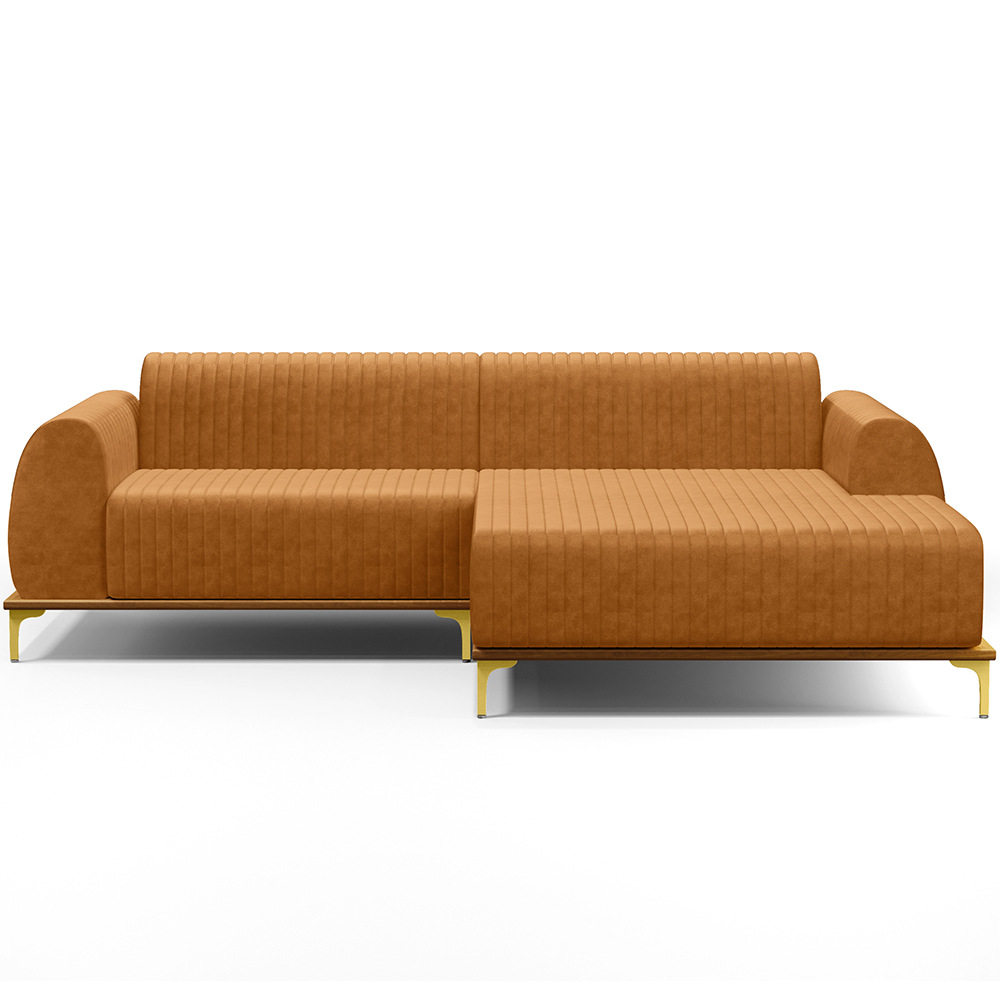 Sofá 5 Lugares com Chaise Direito Para Sala de Estar Molino 350cm D02 Base Castanho Pés D'ouro Couríssimo Whisky B-90 - Lyam Decor