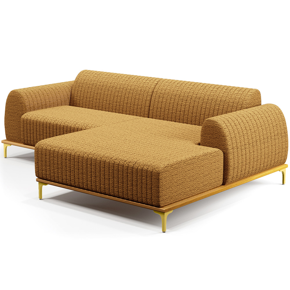 Sofá 5 Lugares com Chaise Direito Para Sala de Estar Molino 350cm D02 Base Castanho Pés D'ouro Prime Bouclê Mostarda PB-03 - Lyam Decor