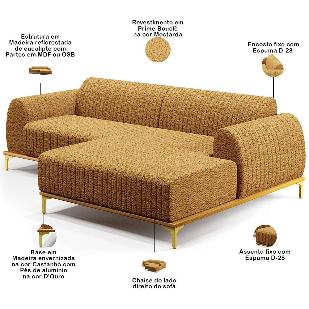 Sofá 5 Lugares com Chaise Direito Para Sala de Estar Molino 350cm D02 Base Castanho Pés D'ouro Prime Bouclê Mostarda PB-03 - Lyam Decor
