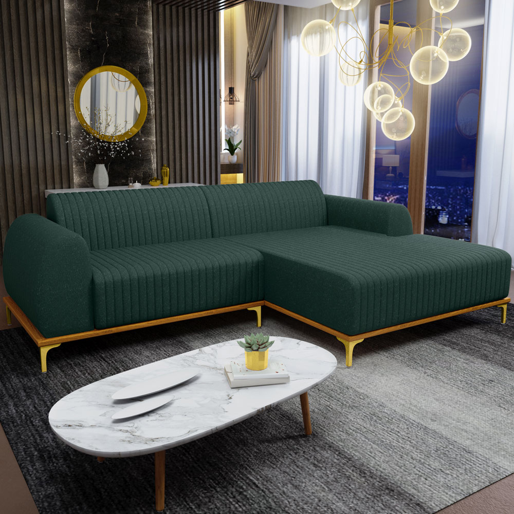Sofá 5 Lugares com Chaise Direito Sala Estar Molino 300cm D02 Linho Verde Musgo C-117 - Lyam Decor