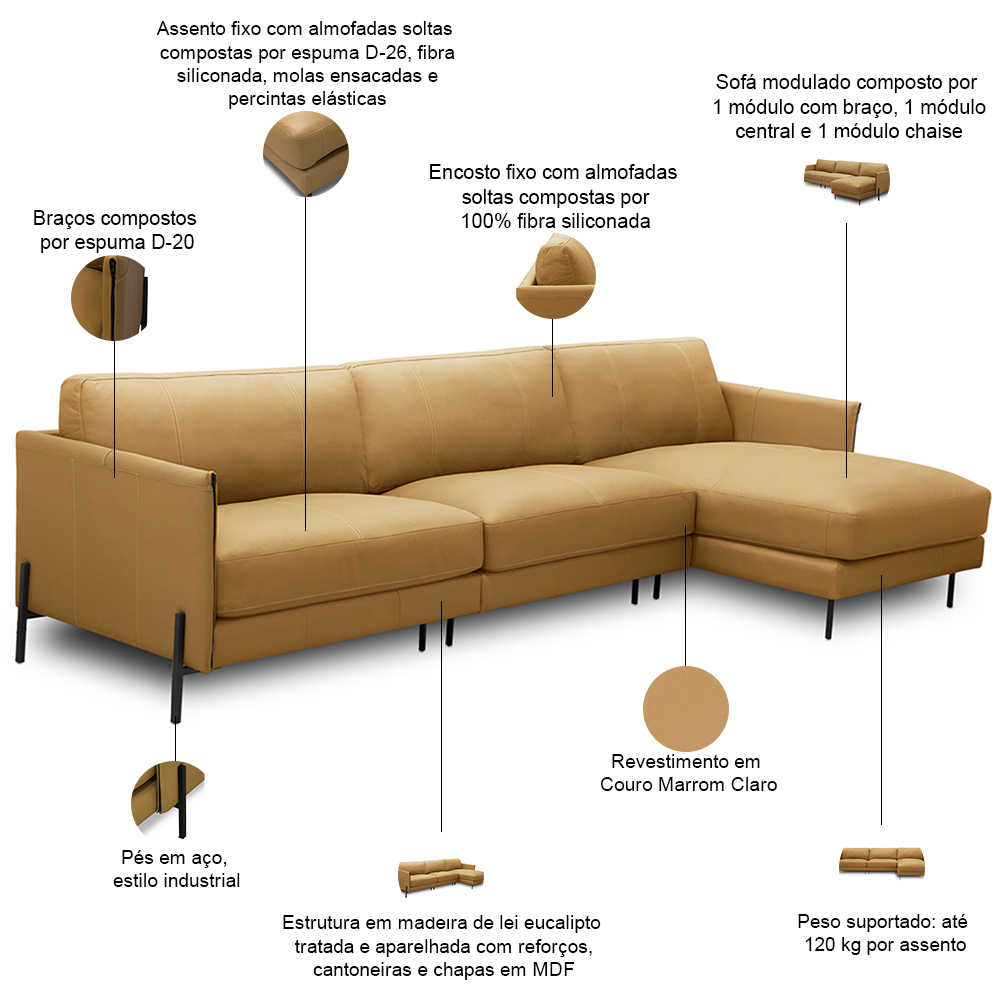 Sofá 5 Lugares com Chaise Direito Sala Living 360cm Amábile L06 Couro Marrom Claro - Lyam Decor