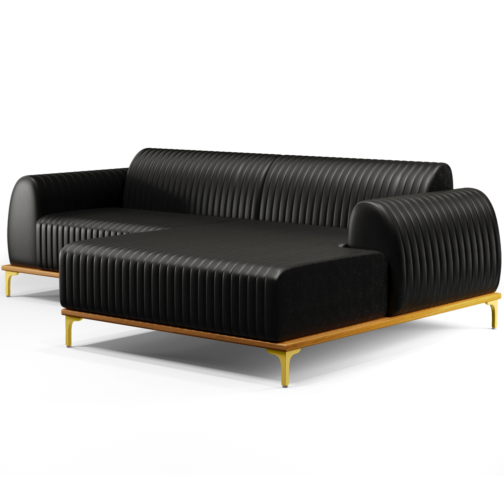 Sofá 5 Lugares com Chaise Direito Sala de Estar Molino 300cm D02 Couríssimo Preto B-159 - Lyam Decor