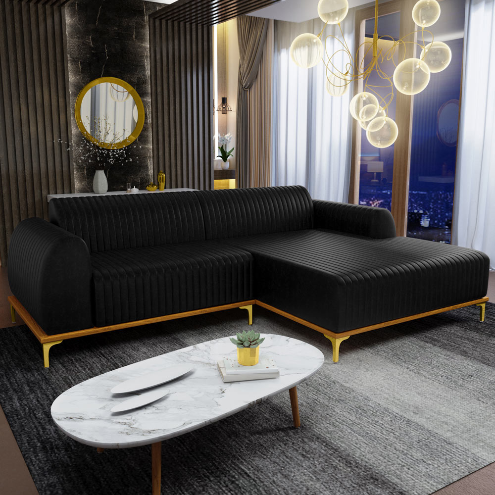 Sofá 5 Lugares com Chaise Direito Sala de Estar Molino 300cm D02 Couríssimo Preto B-159 - Lyam Decor