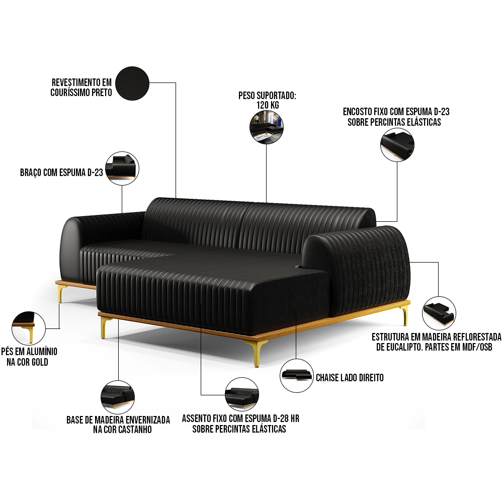 Sofá 5 Lugares com Chaise Direito Sala de Estar Molino 300cm D02 Couríssimo Preto B-159 - Lyam Decor