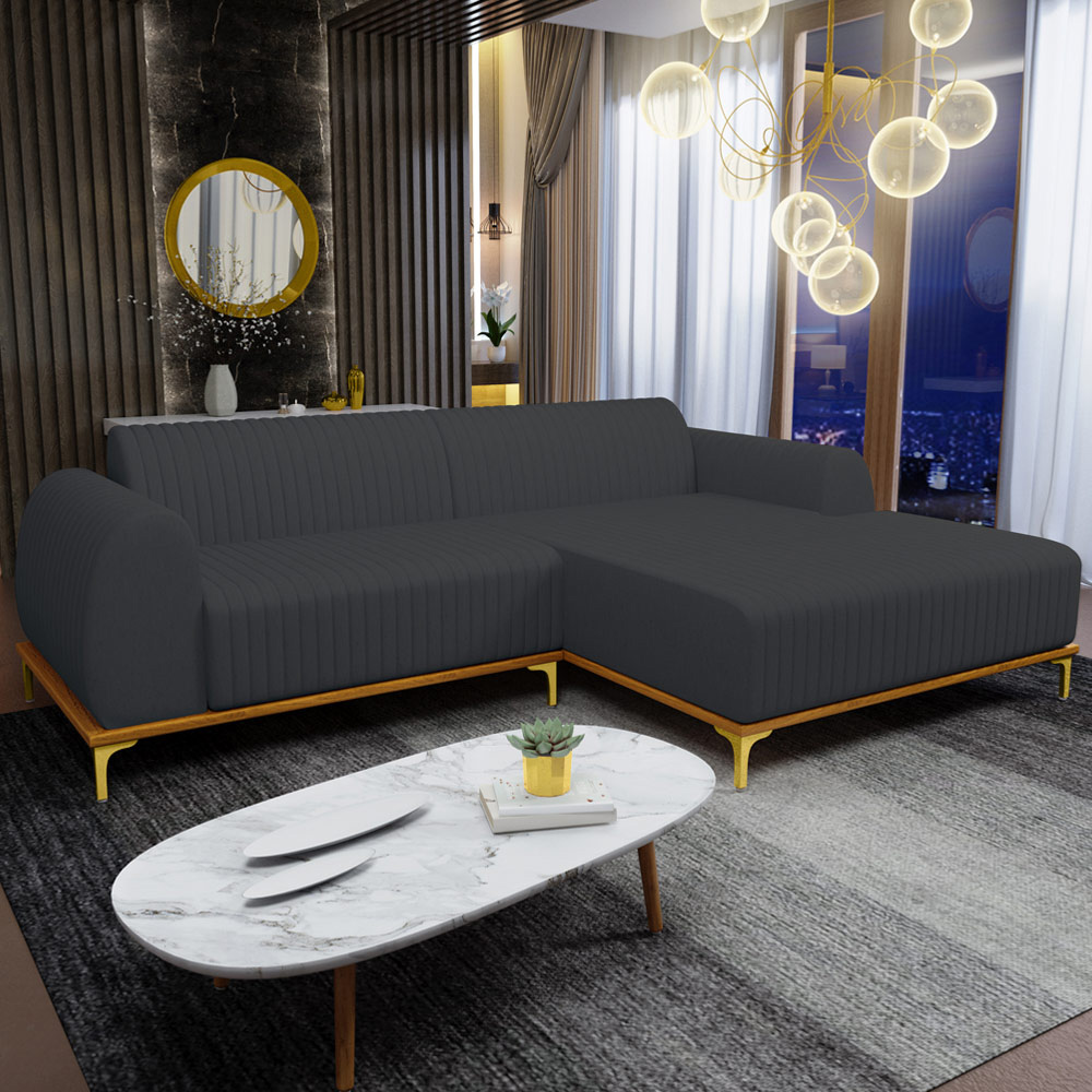Sofá 5 Lugares com Chaise Direito Sala de Estar Molino 300cm D02 Linho Chumbo D-465 - Lyam Decor