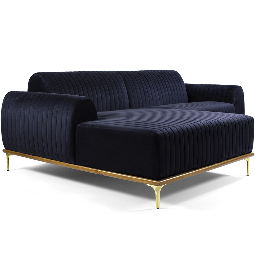 Sofá 5 Lugares com Chaise Esquerdo Para Sala Molino 300cm D02 Veludo Azul Marinho C-287 - Lyam Decor