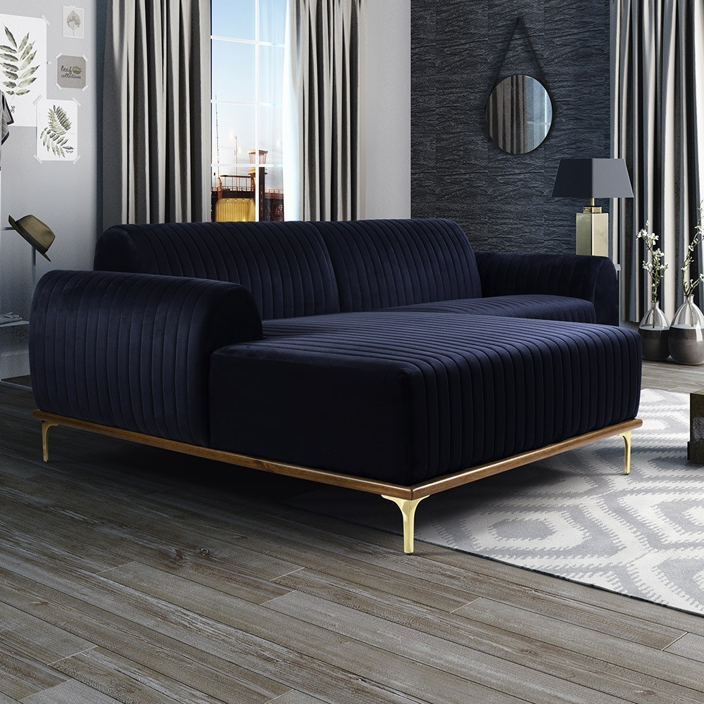 Sofá 5 Lugares com Chaise Esquerdo Para Sala Molino 300cm D02 Veludo Azul Marinho C-287 - Lyam Decor