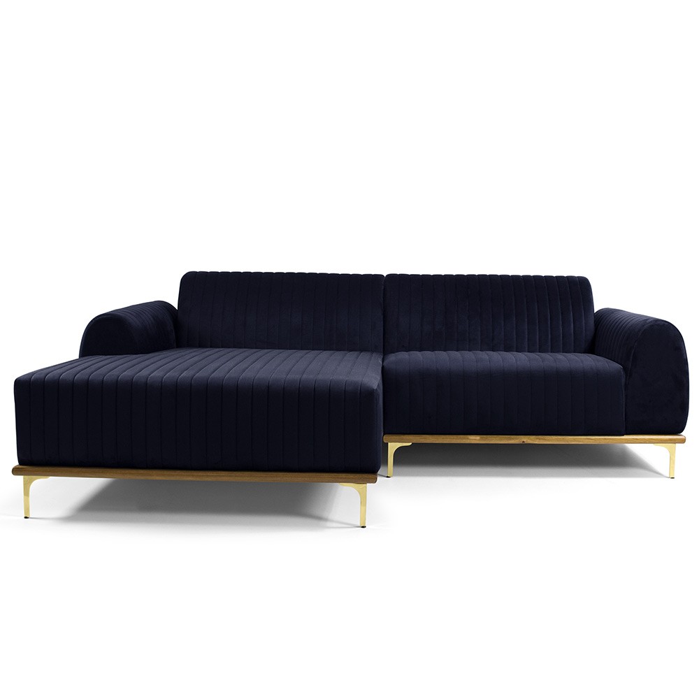 Sofá 5 Lugares com Chaise Esquerdo Para Sala Molino 300cm D02 Veludo Azul Marinho C-287 - Lyam Decor