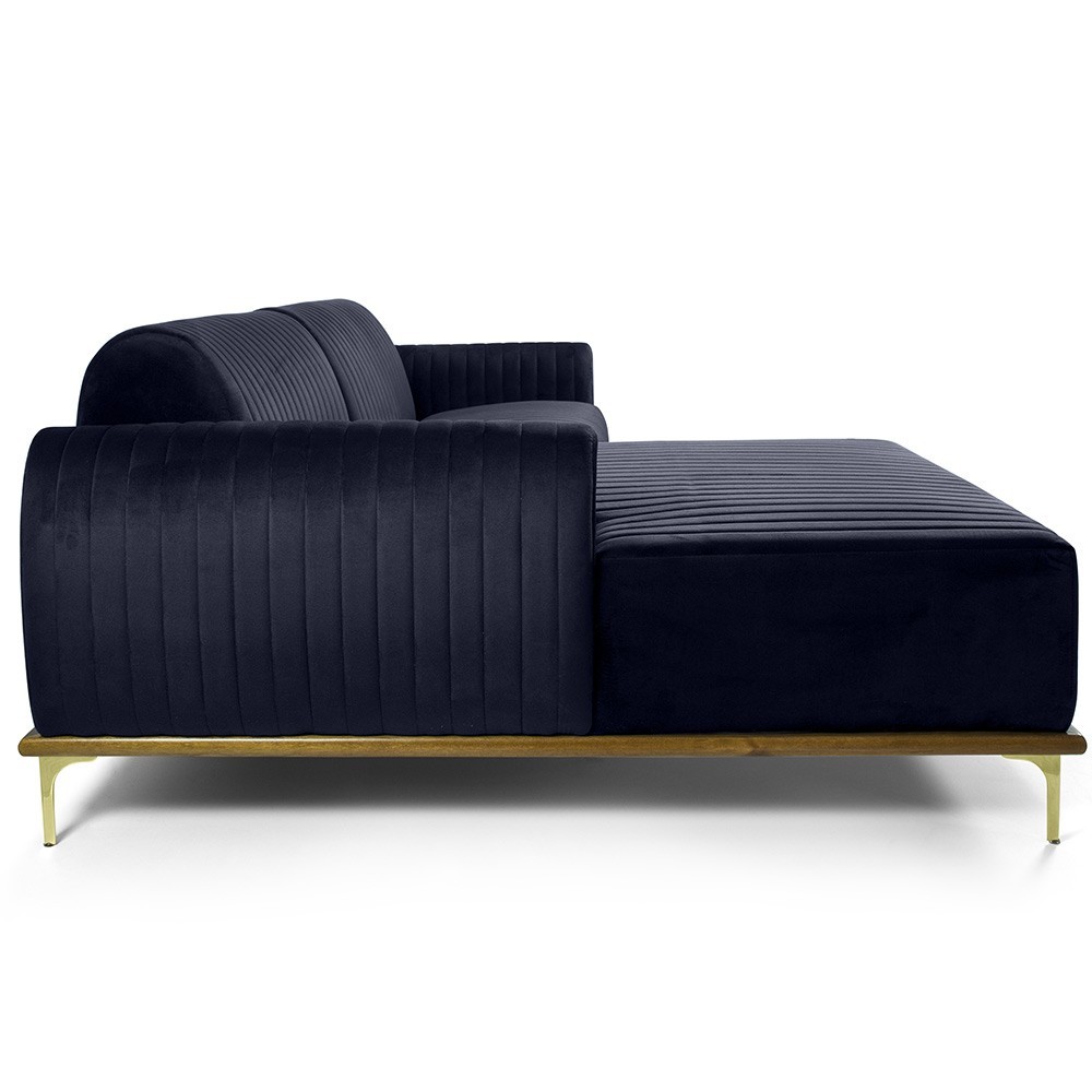 Sofá 5 Lugares com Chaise Esquerdo Para Sala Molino 300cm D02 Veludo Azul Marinho C-287 - Lyam Decor