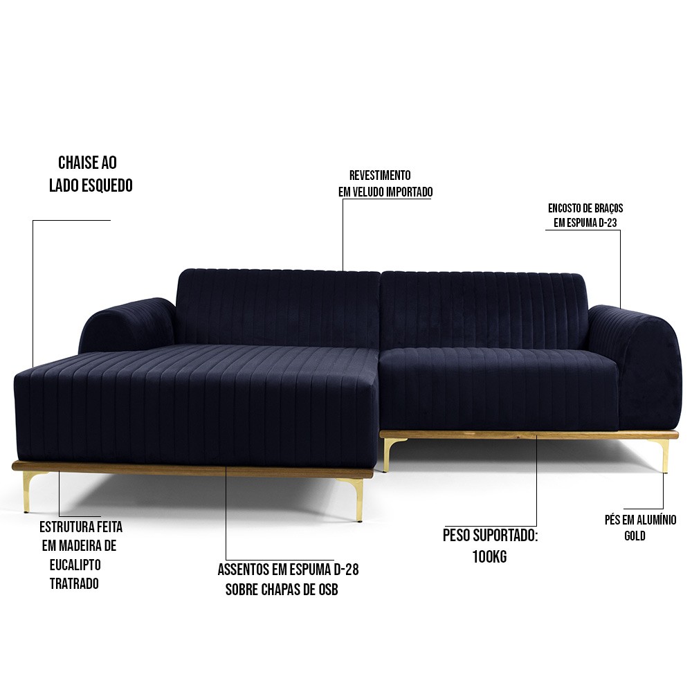 Sofá 5 Lugares com Chaise Esquerdo Para Sala Molino 300cm D02 Veludo Azul Marinho C-287 - Lyam Decor
