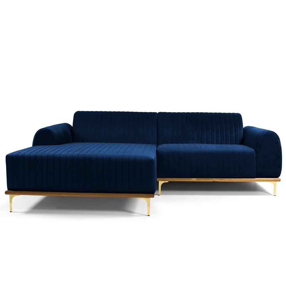 Sofá 5 Lugares com Chaise Esquerdo Para Sala Molino 300cm D02 Veludo Azul Oxford C-304 - Lyam Decor