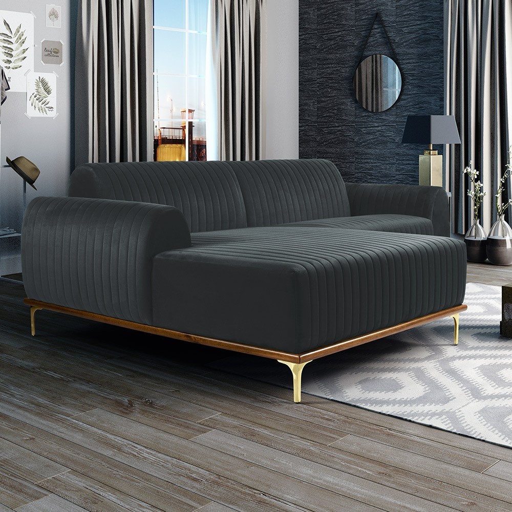 Sofá 5 Lugares com Chaise Esquerdo Para Sala Molino 300cm D02 Veludo Cinza C-317 - Lyam Decor
