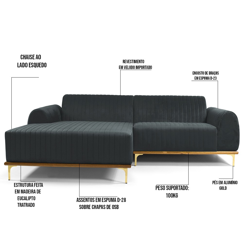 Sofá 5 Lugares com Chaise Esquerdo Para Sala Molino 300cm D02 Veludo Cinza C-317 - Lyam Decor