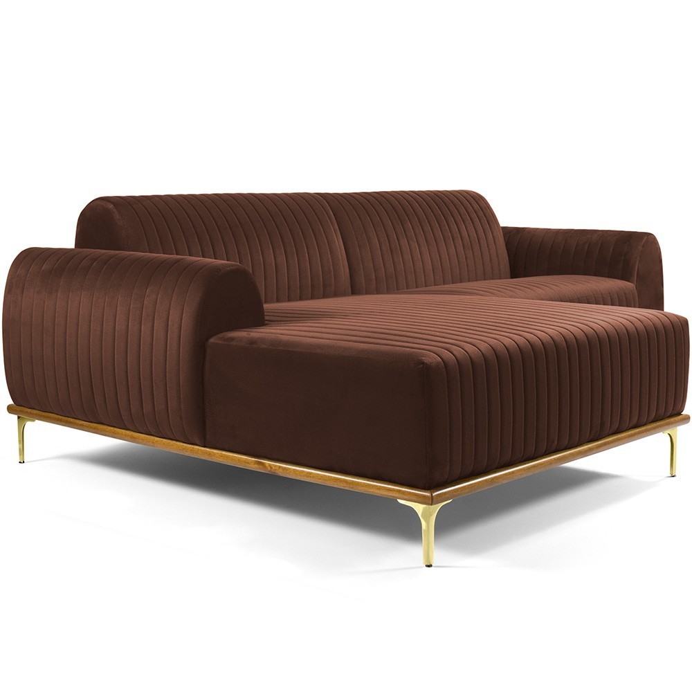 Sofá 5 Lugares com Chaise Esquerdo Para Sala Molino 300cm D02 Veludo Marrom B-276 - Lyam Decor