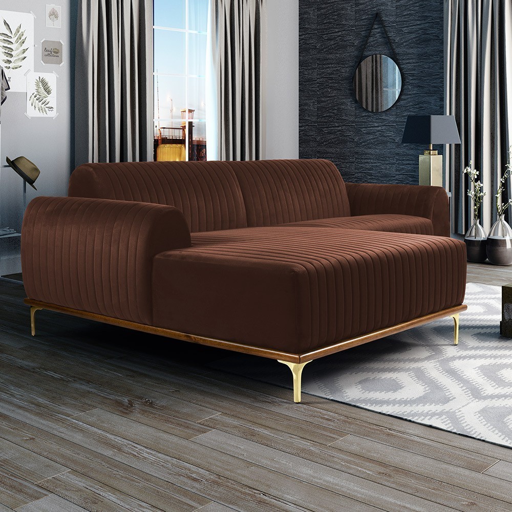 Sofá 5 Lugares com Chaise Esquerdo Para Sala Molino 300cm D02 Veludo Marrom B-276 - Lyam Decor