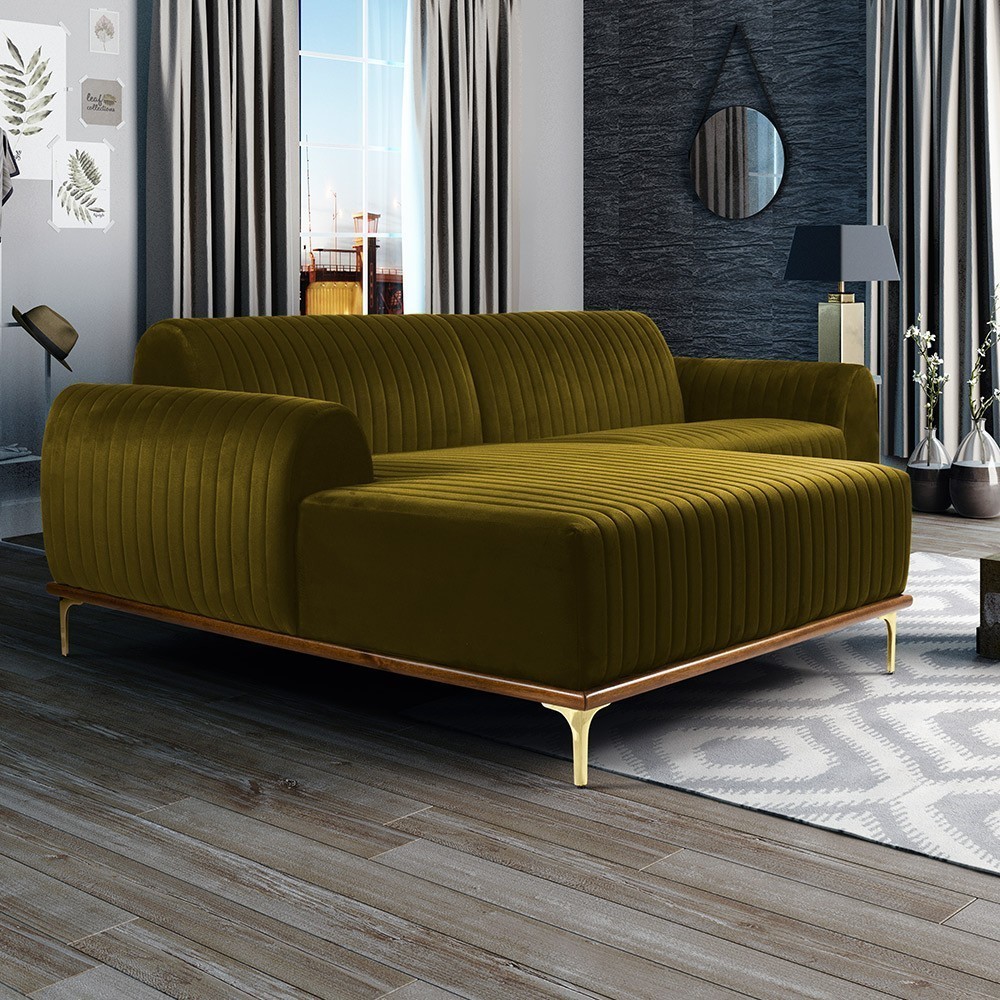 Sofá 5 Lugares com Chaise Esquerdo Para Sala Molino 300cm D02 Veludo Mostarda B-260 - Lyam Decor