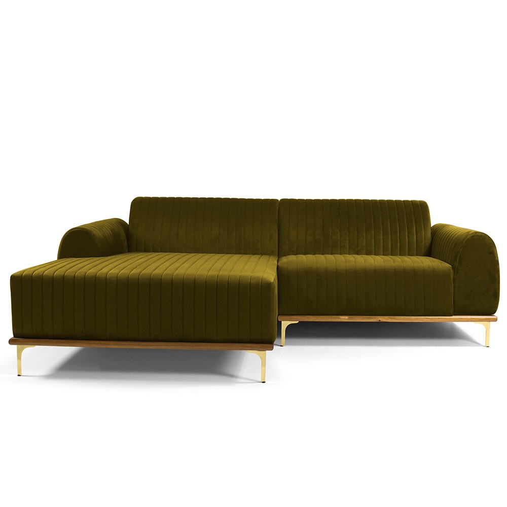 Sofá 5 Lugares com Chaise Esquerdo Para Sala Molino 300cm D02 Veludo Mostarda B-260 - Lyam Decor