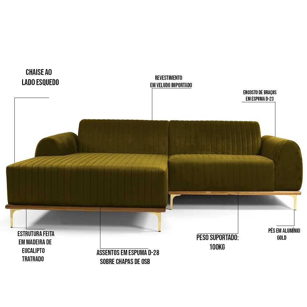 Sofá 5 Lugares com Chaise Esquerdo Para Sala Molino 300cm D02 Veludo Mostarda B-260 - Lyam Decor