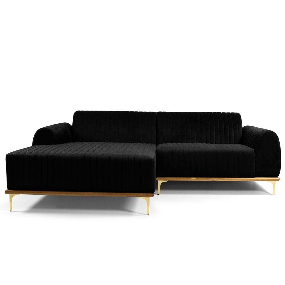Sofá 5 Lugares com Chaise Esquerdo Para Sala Molino 300cm D02 Veludo Preto C-300 - Lyam Decor