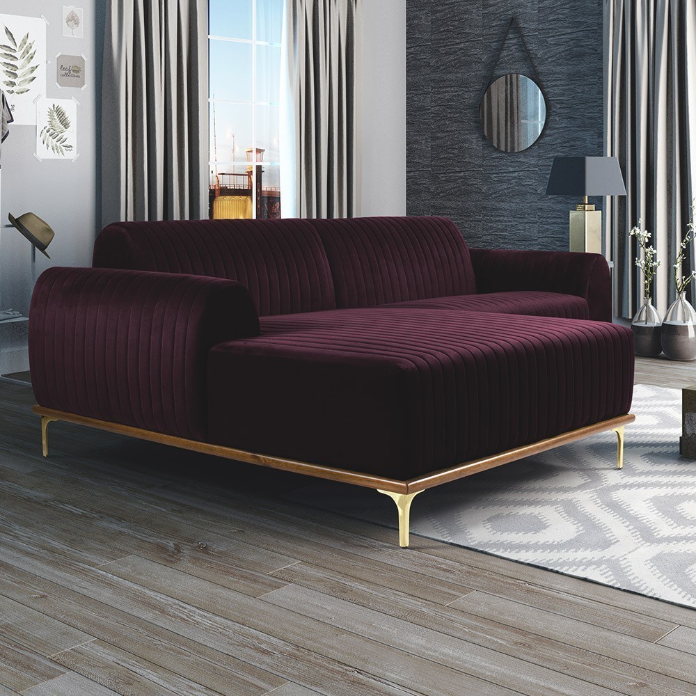 Sofá 5 Lugares com Chaise Esquerdo Para Sala Molino 300cm D02 Veludo Roxo Grape C-292 - Lyam Decor