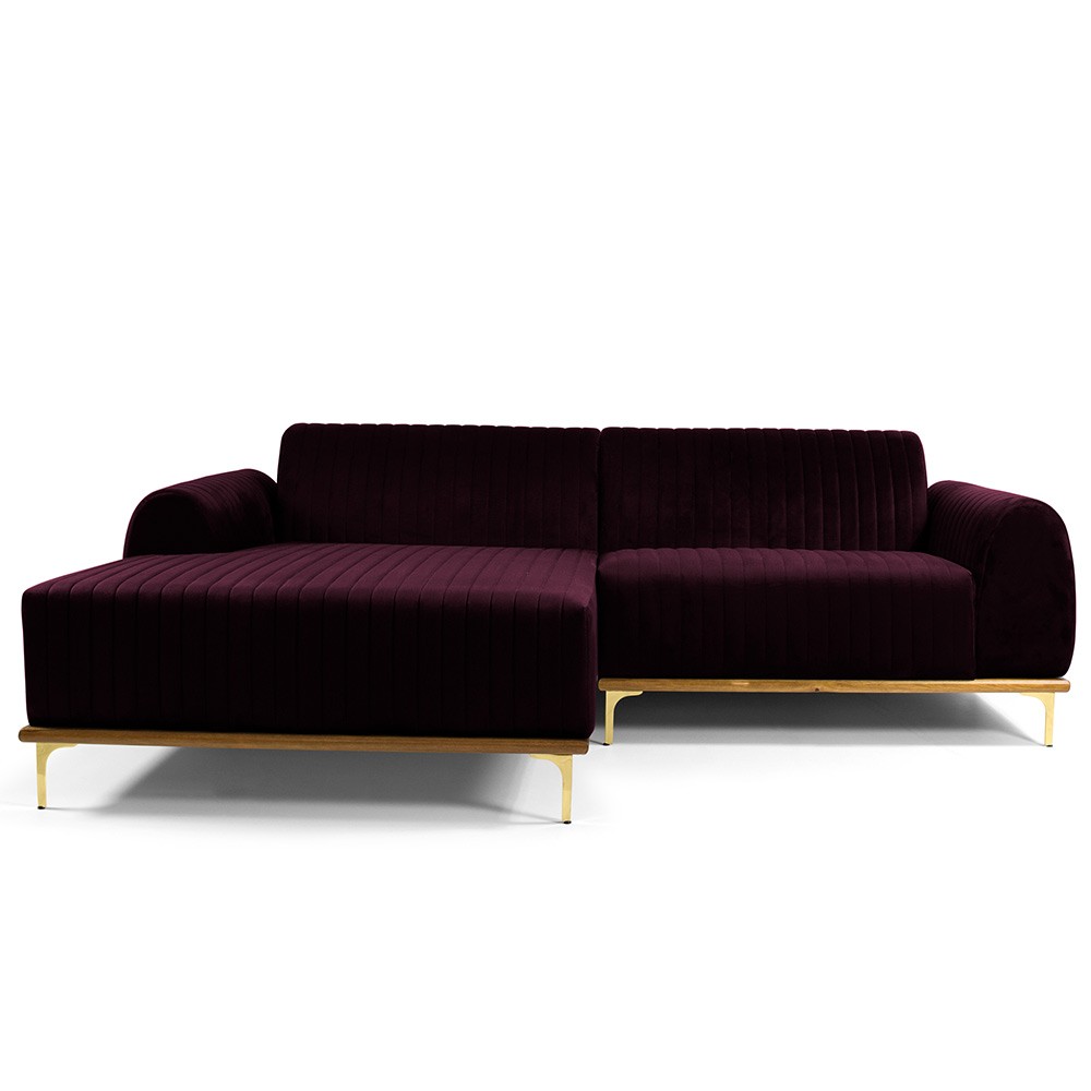 Sofá 5 Lugares com Chaise Esquerdo Para Sala Molino 300cm D02 Veludo Roxo Grape C-292 - Lyam Decor