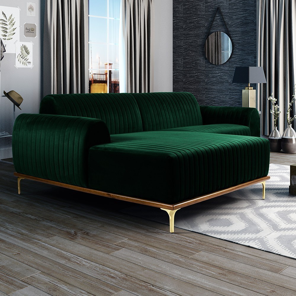 Sofá 5 Lugares com Chaise Esquerdo Para Sala Molino 300cm D02 Veludo Verde Musgo C-303 - Lyam Decor
