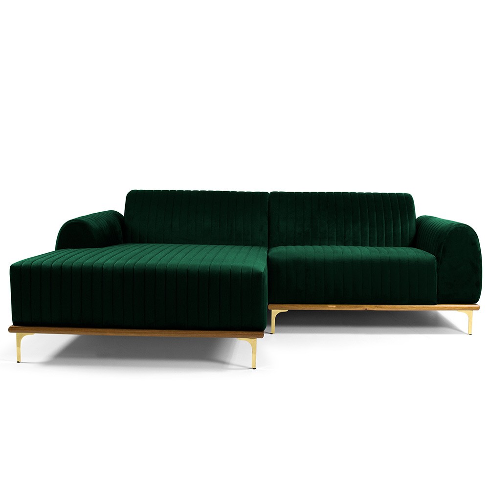 Sofá 5 Lugares com Chaise Esquerdo Para Sala Molino 300cm D02 Veludo Verde Musgo C-303 - Lyam Decor