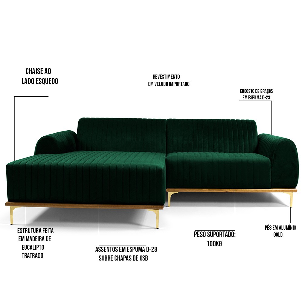 Sofá 5 Lugares com Chaise Esquerdo Para Sala Molino 300cm D02 Veludo Verde Musgo C-303 - Lyam Decor