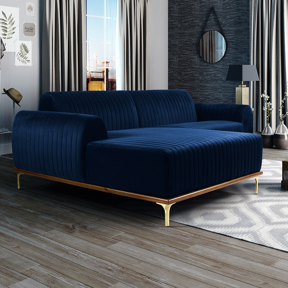 Sofá 5 Lugares com Chaise Esquerdo Para Sala Molino 320cm D02 Veludo Azul Oxford B-304 - Lyam Decor