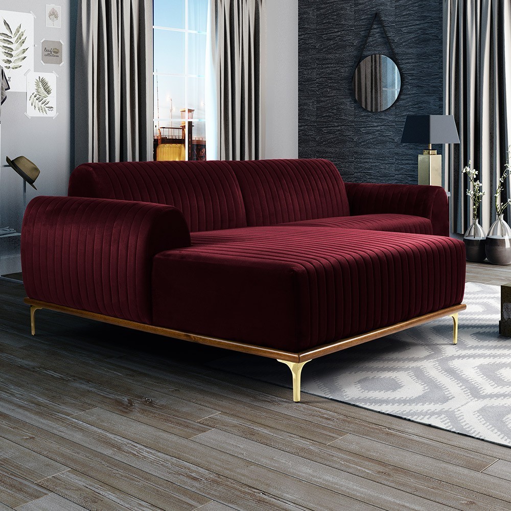 Sofá 5 Lugares com Chaise Esquerdo Para Sala Molino 320cm D02 Veludo Marsala B-278 - Lyam Decor